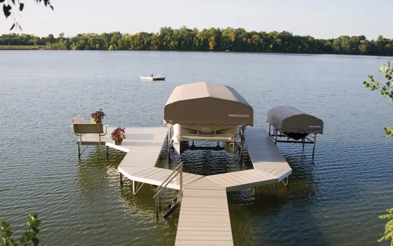 porta-dock boat dock with boat lift and pontoon lift